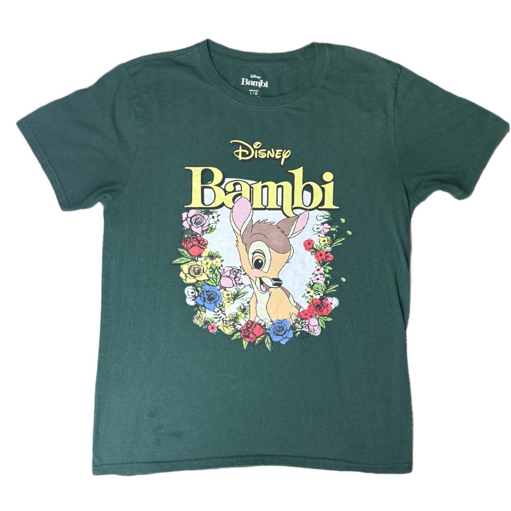 Disney Bambi Graphic Tee Forest Green‎ Floral Print Size L